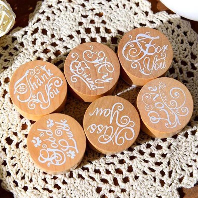 6 pcs lot DIY Blessing Vintage Wooden Rubber Stamp Thank You Miss You Love Stamps for Decoration