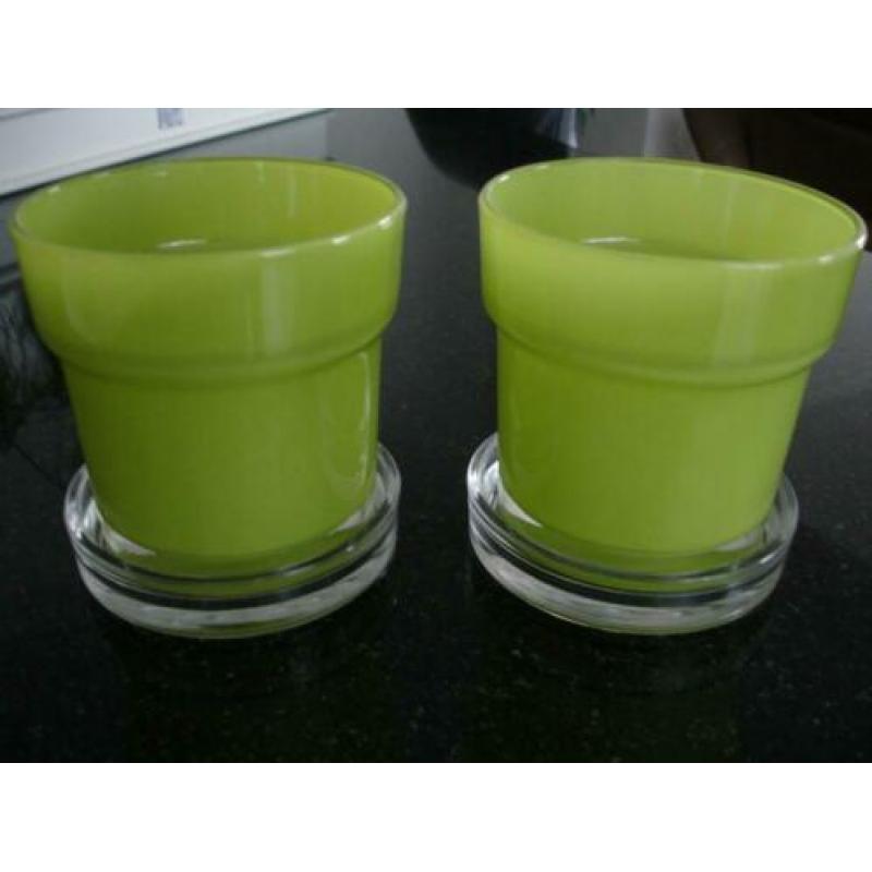 2 Lime glazen potten + 2 glazen waxinelichtjeshouders