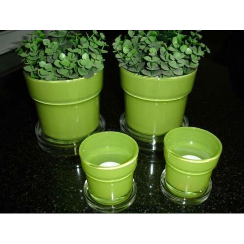 2 Lime glazen potten + 2 glazen waxinelichtjeshouders