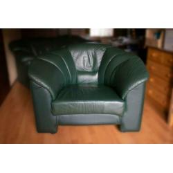 Dark green leather sofa and armchair